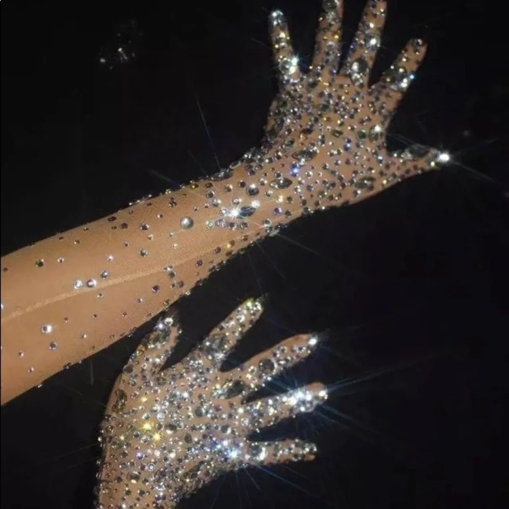 Rhinestones Spandex Elbow Length Gloves Crystals Embellished Long Mittens - Picture 3 of 9